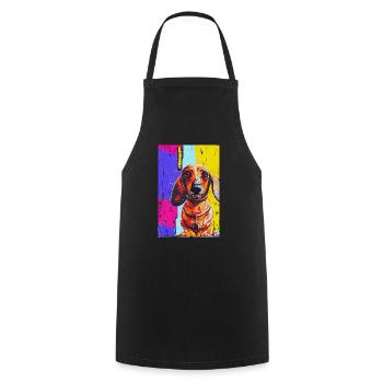 Modernes Pop-Art Print | Dackel mit Graffiti Bunt - Kochschürze - Schwarz - Vorne - AI Model Male 185 dark (185cm)