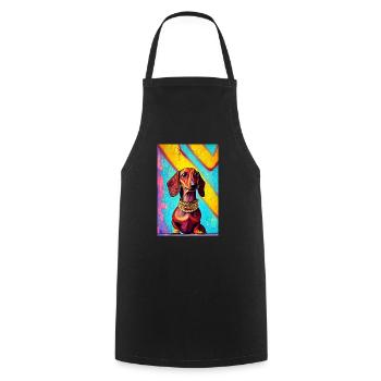 Modernes Pop-Art Print | Dackel mit Graffiti Bunt - Kochschürze - Schwarz - Vorne - AI Model Male 185 dark (185cm)
