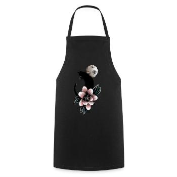 Chat, lune et fleure Tattoo Oldschool - Tablier de cuisine - noir - Devant - AI Model Male 185 dark (185cm)