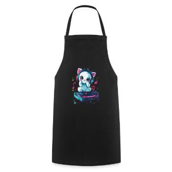 Chat mignon avec des écouteurs et un disque vinyle - Tablier de cuisine - noir - Devant - AI Model Male 185 dark (185cm)