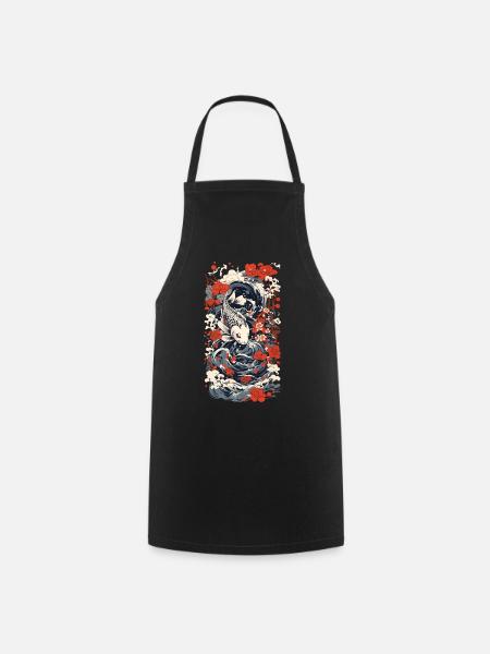 Japanese Koi Art Style Japan Wave Retro Style - Cooking Apron - black