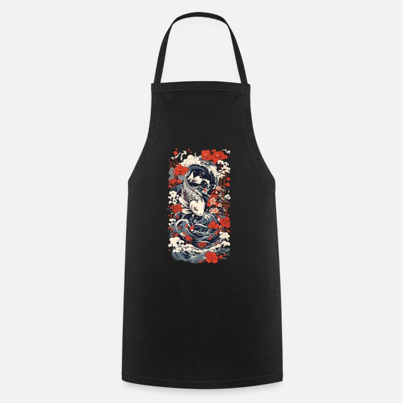 Japanese Koi Art Style Japan Wave Retro Style - Cooking Apron - black