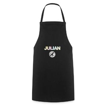JULIAN - Schöner Jungen Name mit Dinosaurier - Kochschürze - Schwarz - Vorne - AI Model Male 185 dark (185cm)