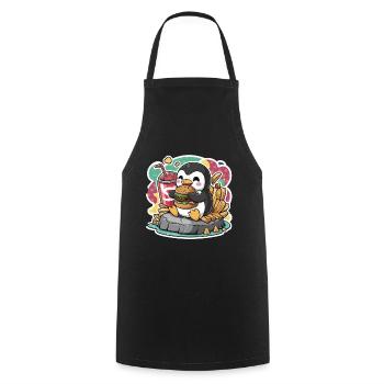 Pinguin mit Softdrink, Burger, French Frites - Kochschürze - Schwarz - Vorne - AI Model Male 185 dark (185cm)