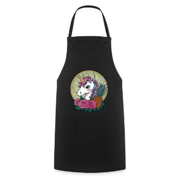 Licorne Kawaii Mignon Dessin Animé avec Roses & Ananas - Tablier de cuisine - noir - Devant - AI Model Male 185 dark (185cm)