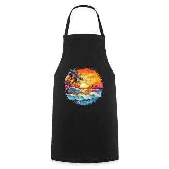 Soleil, Coucher de soleil, Mer, Palmiers, Vacances, Été - Tablier de cuisine - noir - Devant - AI Model Male 185 dark (185cm)