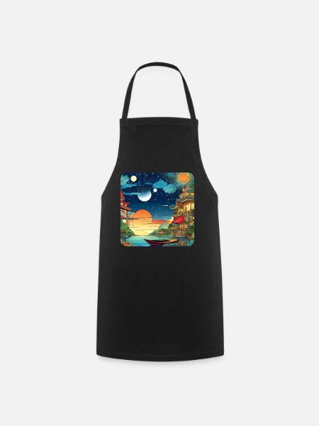 Colorful Motif Asian Landscape - Cooking Apron - black