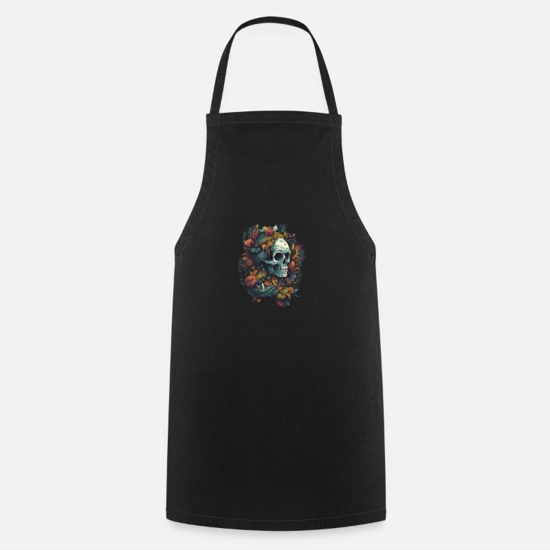 Cool Boho Skull Skull with Colorful Flowers - Cooking Apron - black
