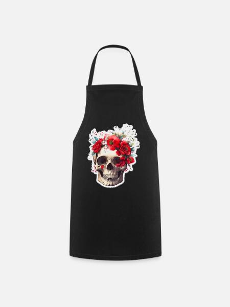 Totenkopf mit roten Blumen - Kochschürze - Schwarz