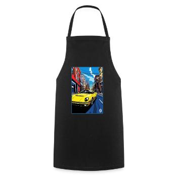 Voiture de sport de dessin animé pop art dans les rues - Tablier de cuisine - noir - Devant - AI Model Male 185 dark (185cm)