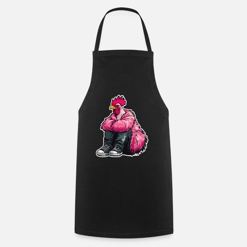 Coq de mode à la mode en plume rose Veste de poulet - Tablier de cuisine - noir