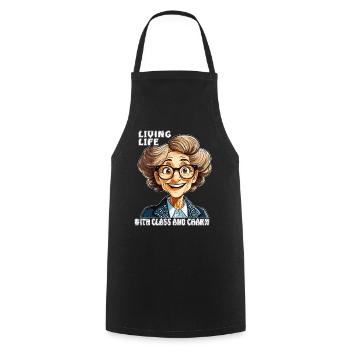 SENIOR WOMAN LIVING LIFE WITH CLASS CHARM - Cooking Apron - black - Front - AI Model Male 185 dark (185cm)
