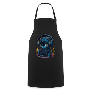 Cute Adorable Cat wearing headphones - Cooking Apron - black - Front - AI Model Male 185 dark (185cm)