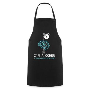 Coder T-Shirt: Coffee into Code – Nerdy Programmie - Kochschürze - Schwarz - Vorne - AI Model Male 185 dark (185cm)