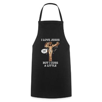 J’aime Jésus mais je mange un petit cadeau de Jésus - Tablier de cuisine - noir - Devant - AI Model Male 185 dark (185cm)
