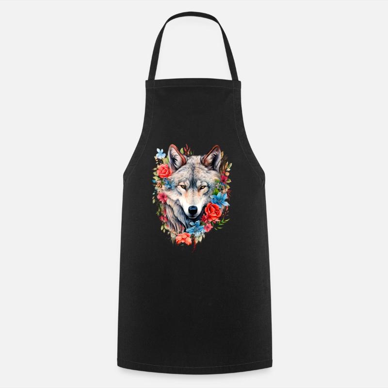 Wolf with Flowers Girls - Cooking Apron - black