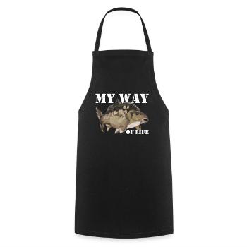 Carpe miroir - Pêche de la carpe - Tablier de cuisine - noir - Devant - AI Model Male 185 dark (185cm)