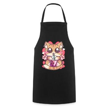 Kitten Drinking Boba Tea Kawaii Anime - Cooking Apron - black - Front - AI Model Male 185 dark (185cm)