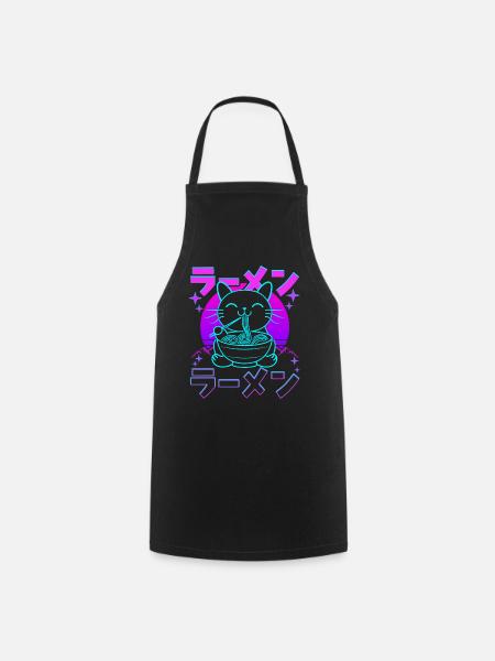 Retro Kawaii Cat Eating Ramen - Cooking Apron - black