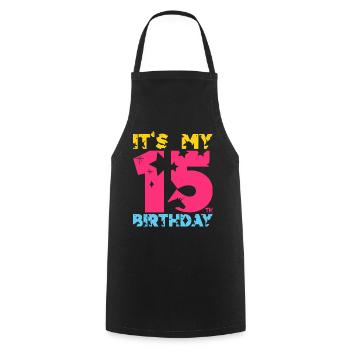 C’EST MON 15E ANNIVERSAIRE LICORNE 15E ANNIVERSAIRE - Tablier de cuisine - noir - Devant - AI Model Male 185 dark (185cm)