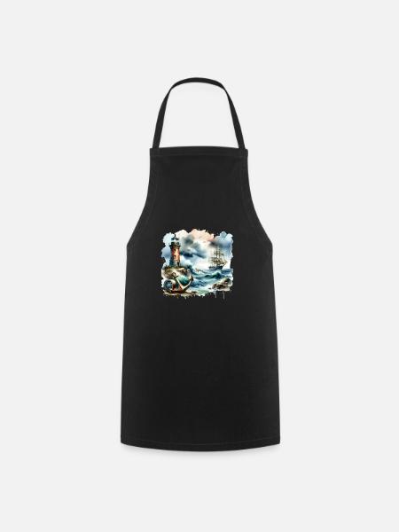 Motif nautique rétro ancre phare navire - Tablier de cuisine - noir