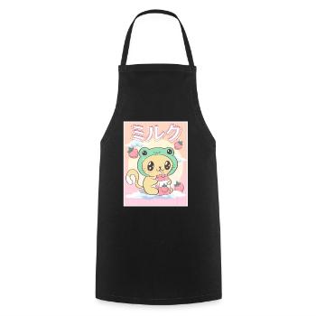 Japanese Aesthetic Kawaii Cat Frog Strawberry Milk - Cooking Apron - black - Front - AI Model Male 185 dark (185cm)