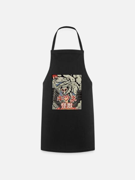 Kaiju Kitsune Nine-tailed Fox Kanagawa Wave - Cooking Apron - black