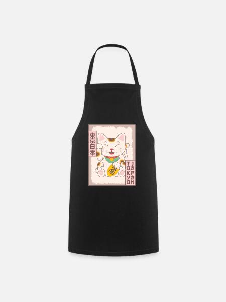 Maneki Neko Cat Tokyo Japan Poster Gift - Cooking Apron - black