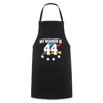 L’âge n’est qu’un chiffre – 44e anniversaire - Tablier de cuisine - noir - Devant - AI Model Male 185 dark (185cm)