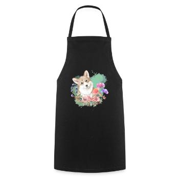 Welsh Corgi Cottagecore Wasserfarben Blumen - Kochschürze - Schwarz - Vorne - AI Model Male 185 dark (185cm)