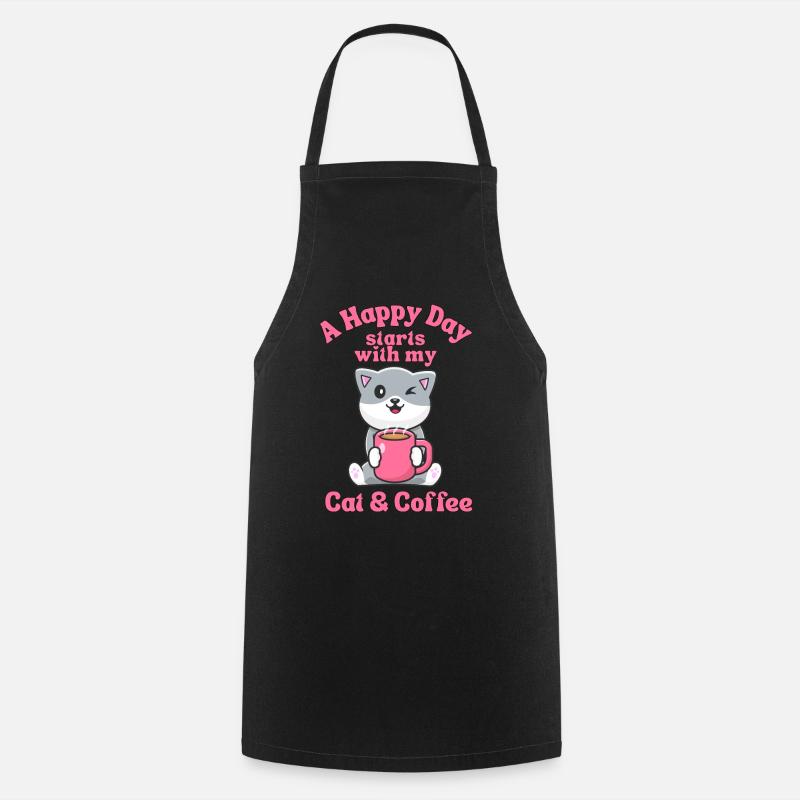 Café Chat kawaii Café et Amoureux des chats - Tablier de cuisine - noir