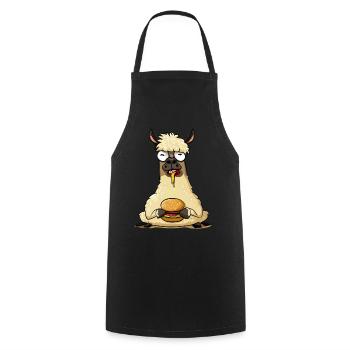 Drôle de lama dégustant un cheeseburger - Tablier de cuisine - noir - Devant - AI Model Male 185 dark (185cm)