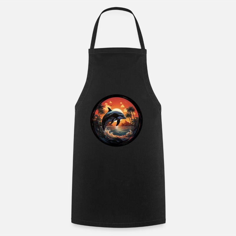 Dolphin Jumping in Sunset - Cooking Apron - black