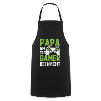 PAPA AM TAG GAMER BEI NACHT | Vater Gaming Zocker - Kochschürze - Schwarz - Vorne - AI Model Male 185 dark (185cm)