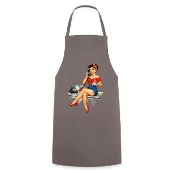 Retro Pin-up Girl: Coffee & Vintage Phone Graphic - Cooking Apron - grey - Front - AI Model Male 185 dark (185cm)
