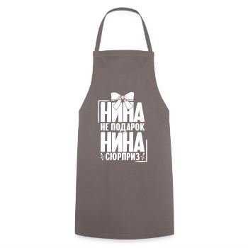 Nina saying in Russian Russia outfit for - Cooking Apron - grey - Front - AI Model Male 185 dark (185cm)