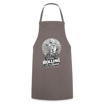 Maltipoo auf Bonanza-Rad – Rolling mit Kumpel - Kochschürze - Grau - Vorne - AI Model Male 185 dark (185cm)
