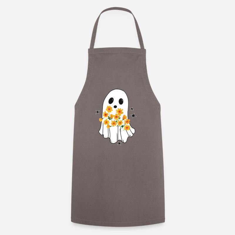 Halloween Ghost, Cute Ghost with Autumn Flowers - Cooking Apron - grey