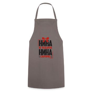 Nina saying in Russian Russia outfit for - Cooking Apron - grey - Front - AI Model Male 185 dark (185cm)