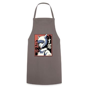 Japan Manga: Edo Cat Girl Samurai Ninja - Cooking Apron - grey - Front - AI Model Male 185 dark (185cm)