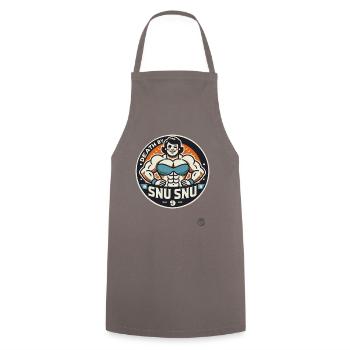 Strong Bodybuilding Woman: "Death by Snu Snu" - Cooking Apron - grey - Front - AI Model Male 185 dark (185cm)