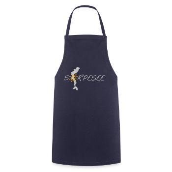 Sorpesee silber, mit Silhouette und Sonne - Kochschürze - Navy - Vorne - AI Model Male 185 dark (185cm)