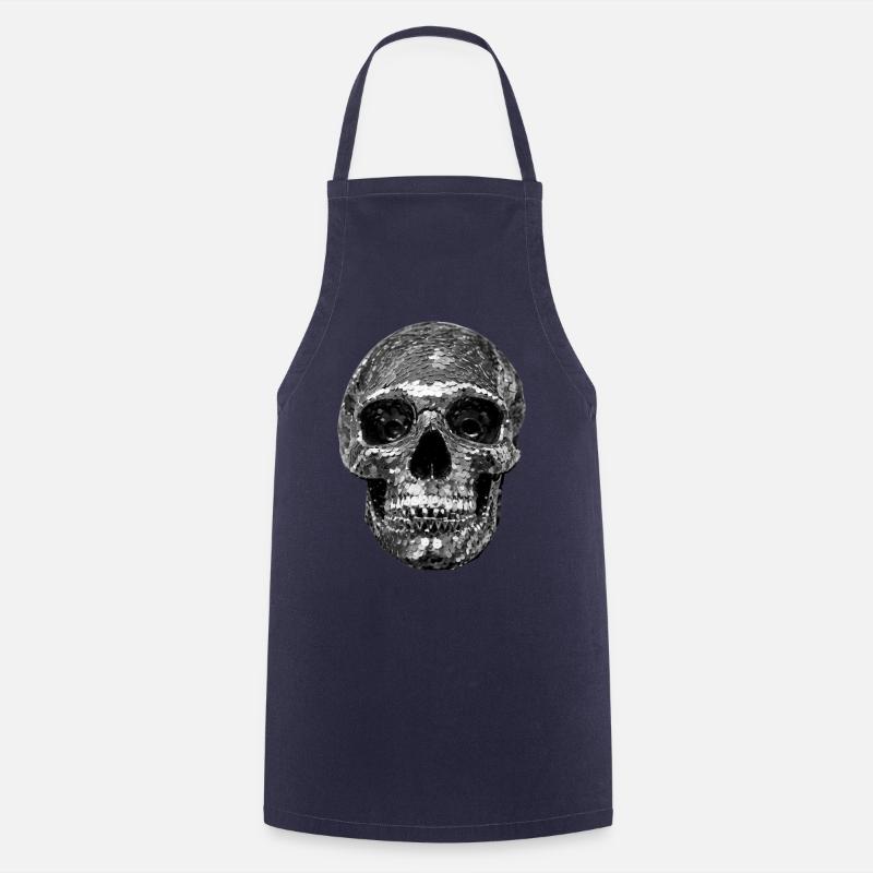 Skull, metallic, sequins, rivets, silver - Cooking Apron - navy