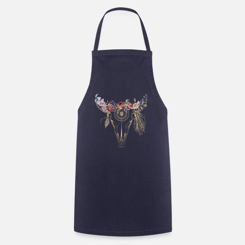 Boho Style / Flowers / Skull / Design - Cooking Apron - navy