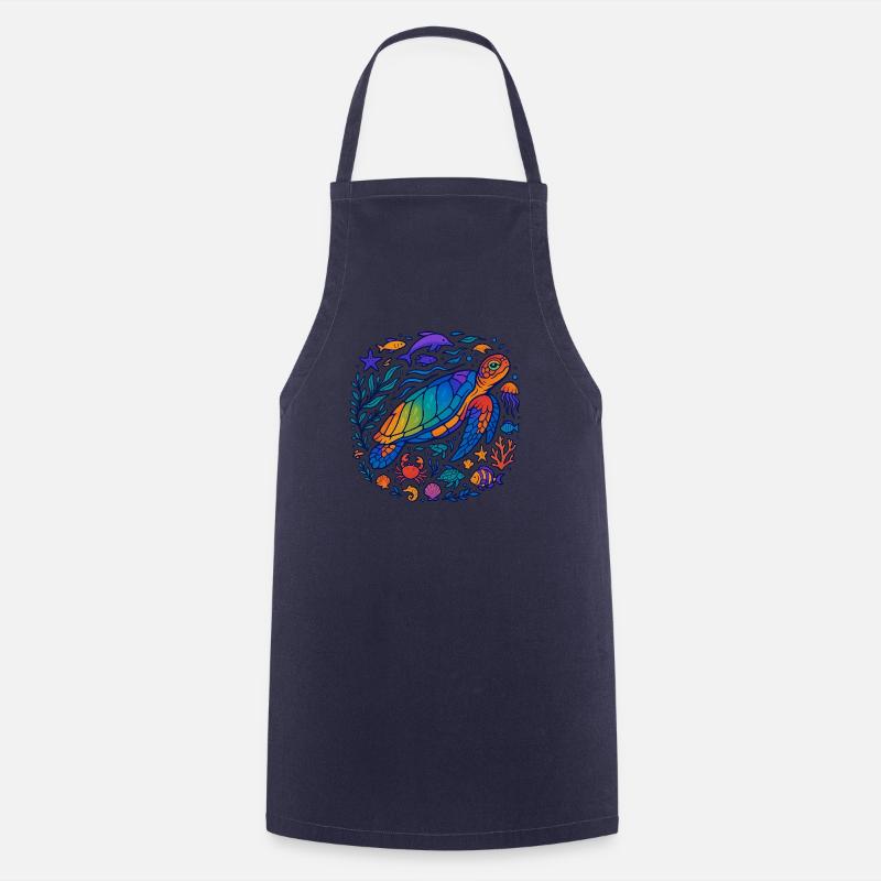 Colorful Sea Creatures – Turtle & Ocean - Cooking Apron - navy
