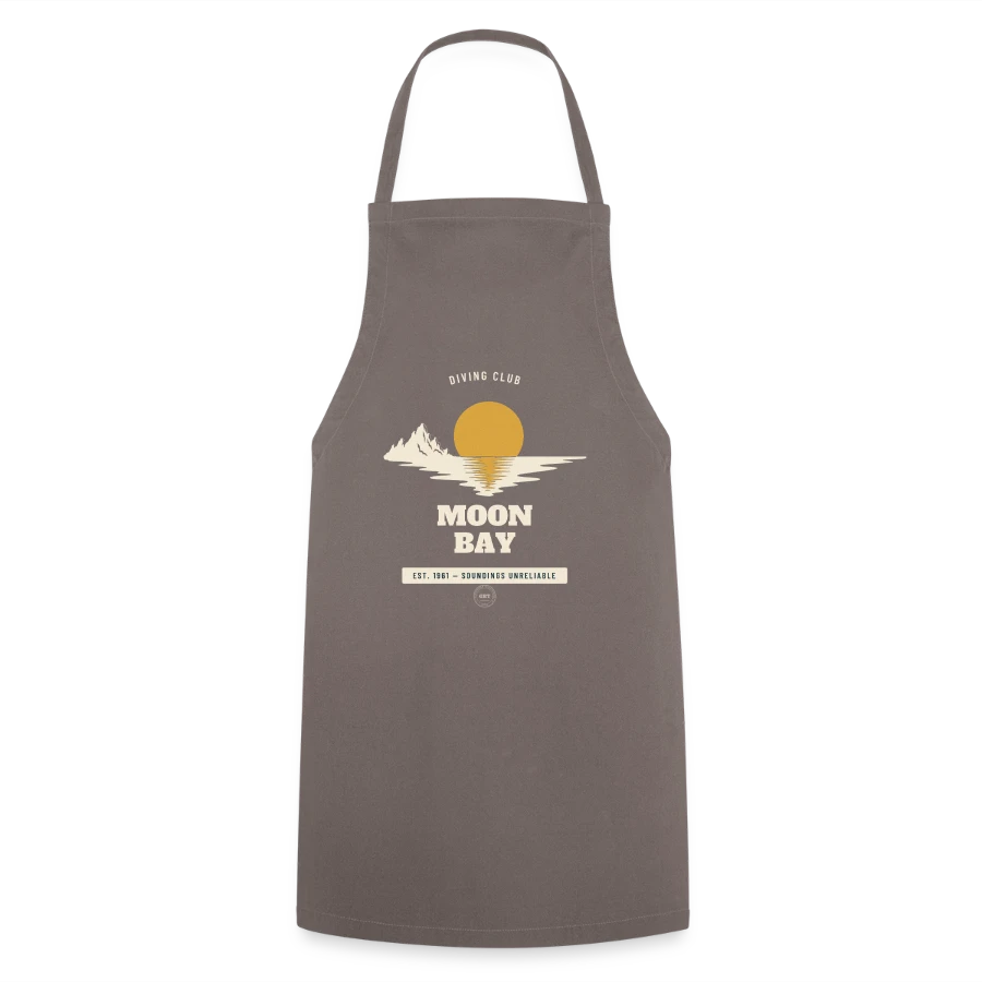 Moon Bay badge on a cooking apron, grey, front