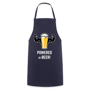 Powered By Beer! (Bier / Muskeln / L / 3C) - Kochschürze - Navy - Vorne - AI Model Male 185 dark (185cm)