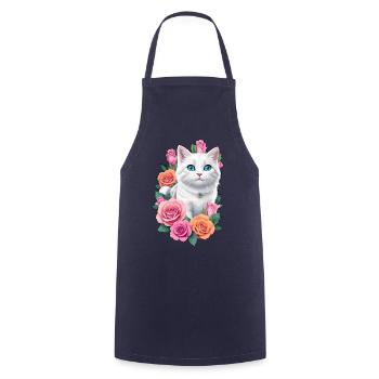 Katze mit Rosen - Kochschürze - Navy - Vorne - AI Model Male 185 dark (185cm)