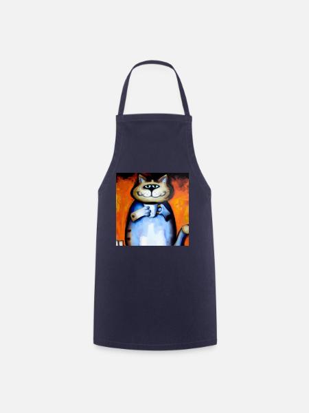 grinsende Katze mit ihrem Kaffee - Kochschürze - Navy