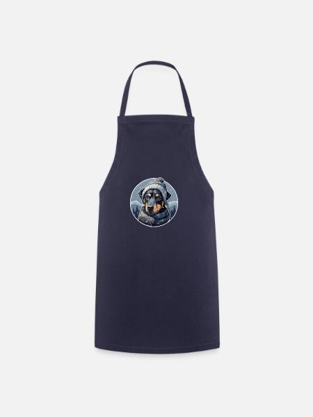 Winterpinscher mit Schal, Jacke und Pudelmütze - Kochschürze - Navy